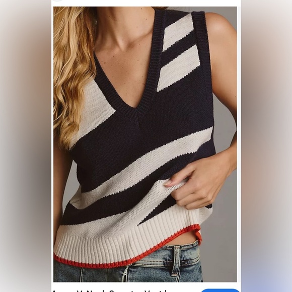 Anthropologie Maeve V neck sweater vest blue and white size small - Picture 2 of 9